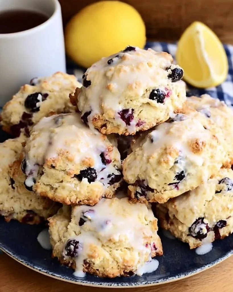 Freshly baked lemon blueberry biscuits with a golden crust and juicy blueberries.