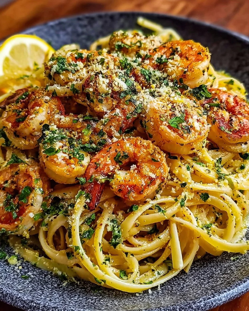 Lemon Butter Garlic Shrimp Scampi Linguine topped with parsley and lemon slices