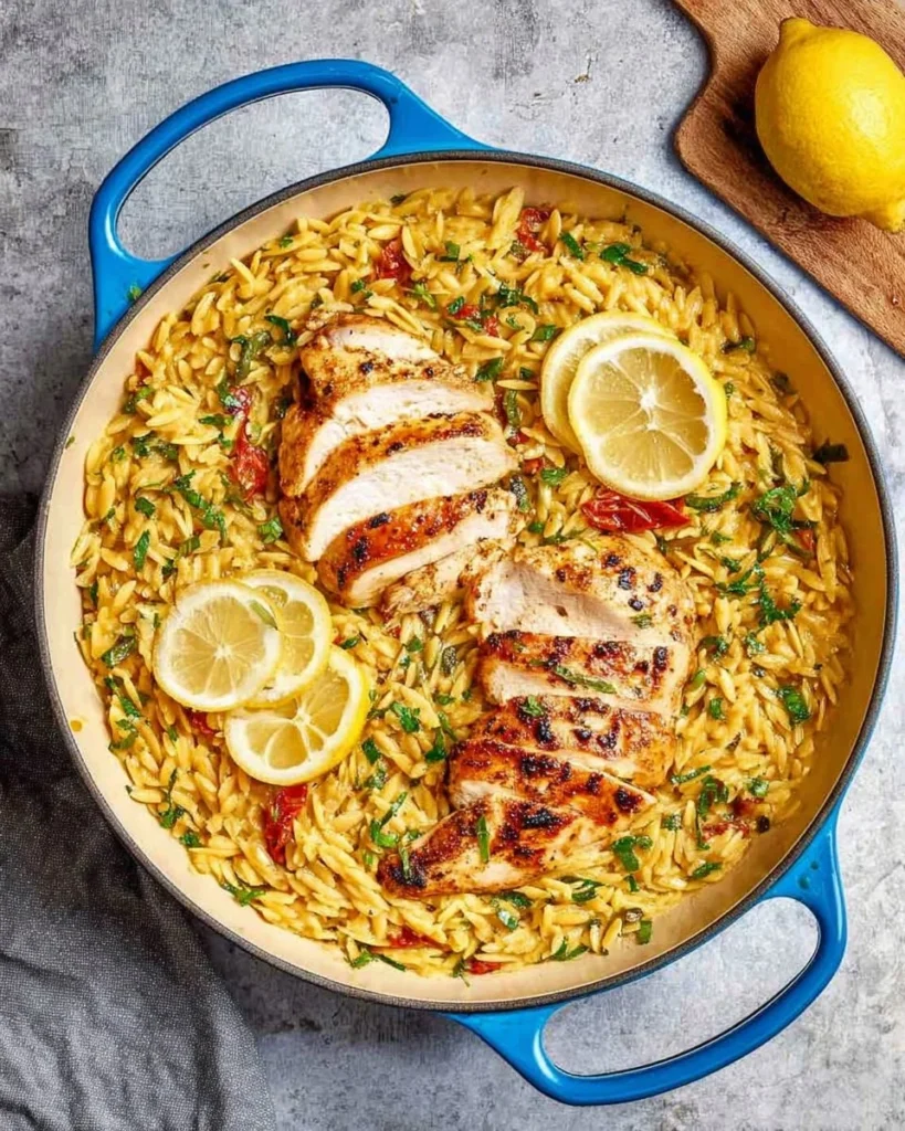 Delicious Lemon Chicken Orzo served in a bowl with fresh herbs and lemon slices.