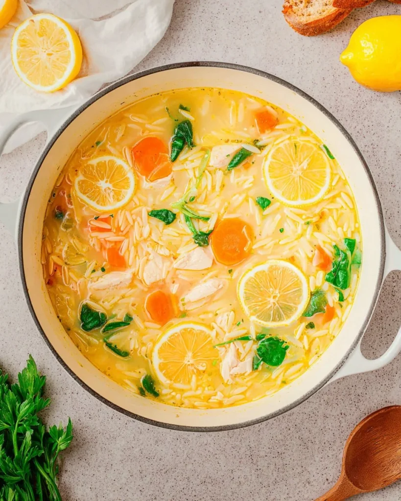Bowl of Lemon Chicken Orzo Soup garnished with herbs and lemon slices