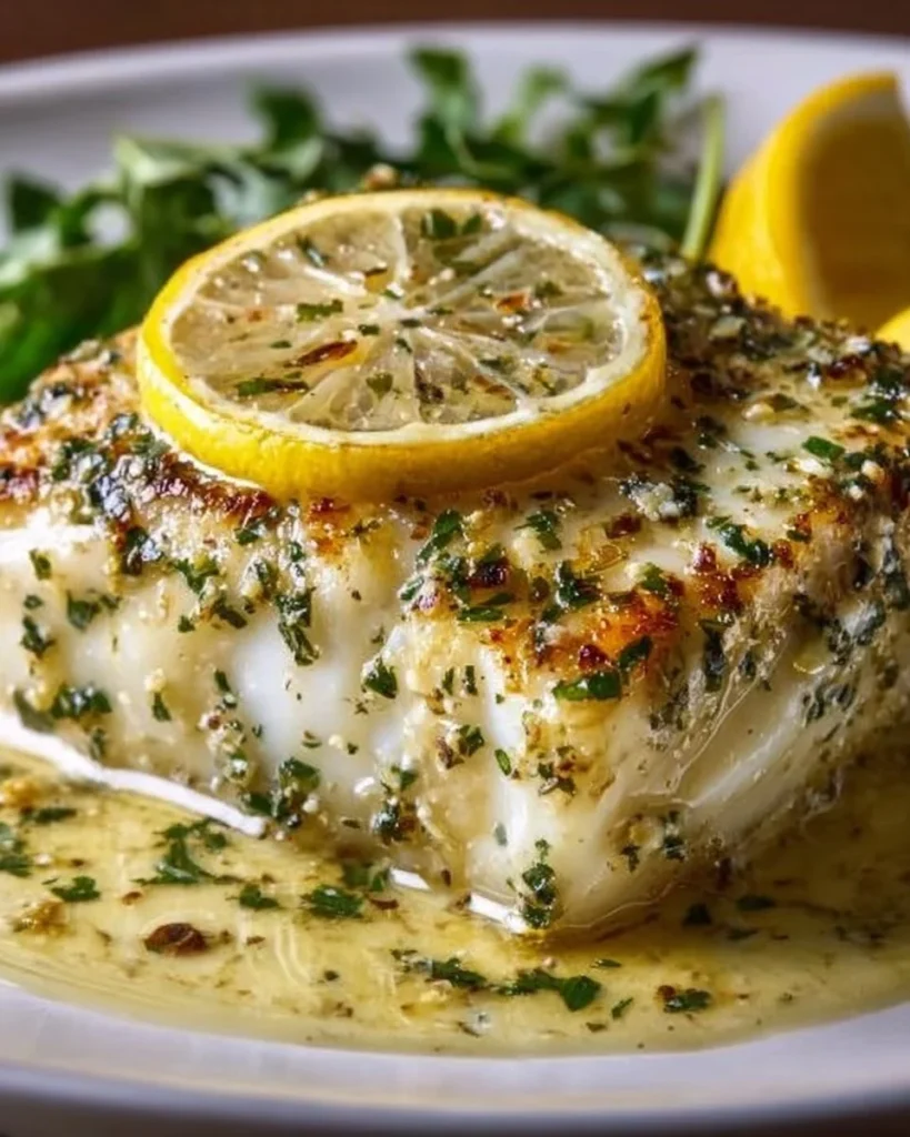 Lemon Herb Butter Halibut served on a plate with fresh herbs and lemon slices.