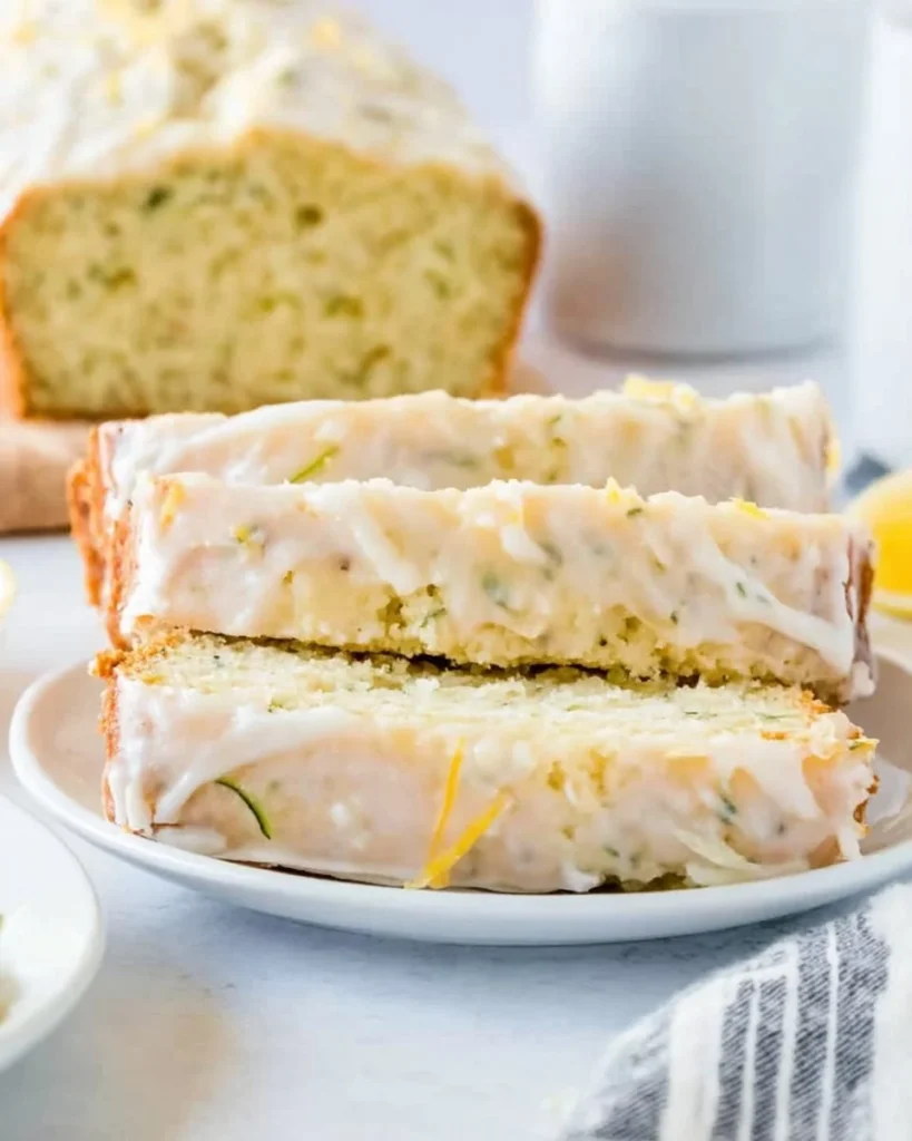 Slice of lemon zucchini loaf cake on a white plate with fresh lemons