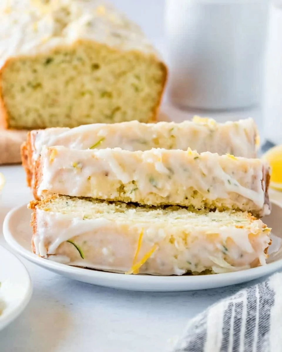 Slice of lemon zucchini loaf cake on a white plate with fresh lemons