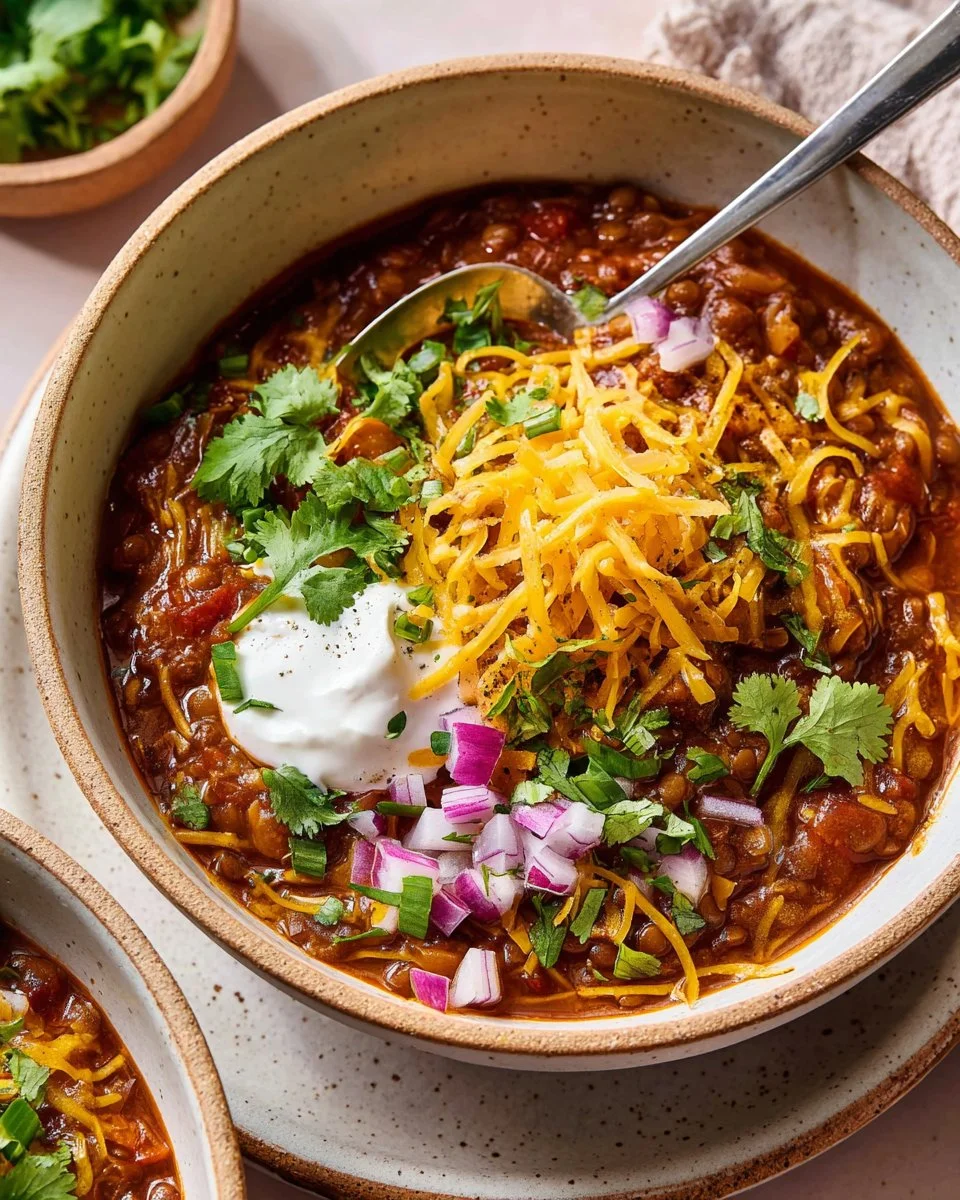 Bowl of Cincinnati Style Lentil Chili topped with fresh herbs and spices
