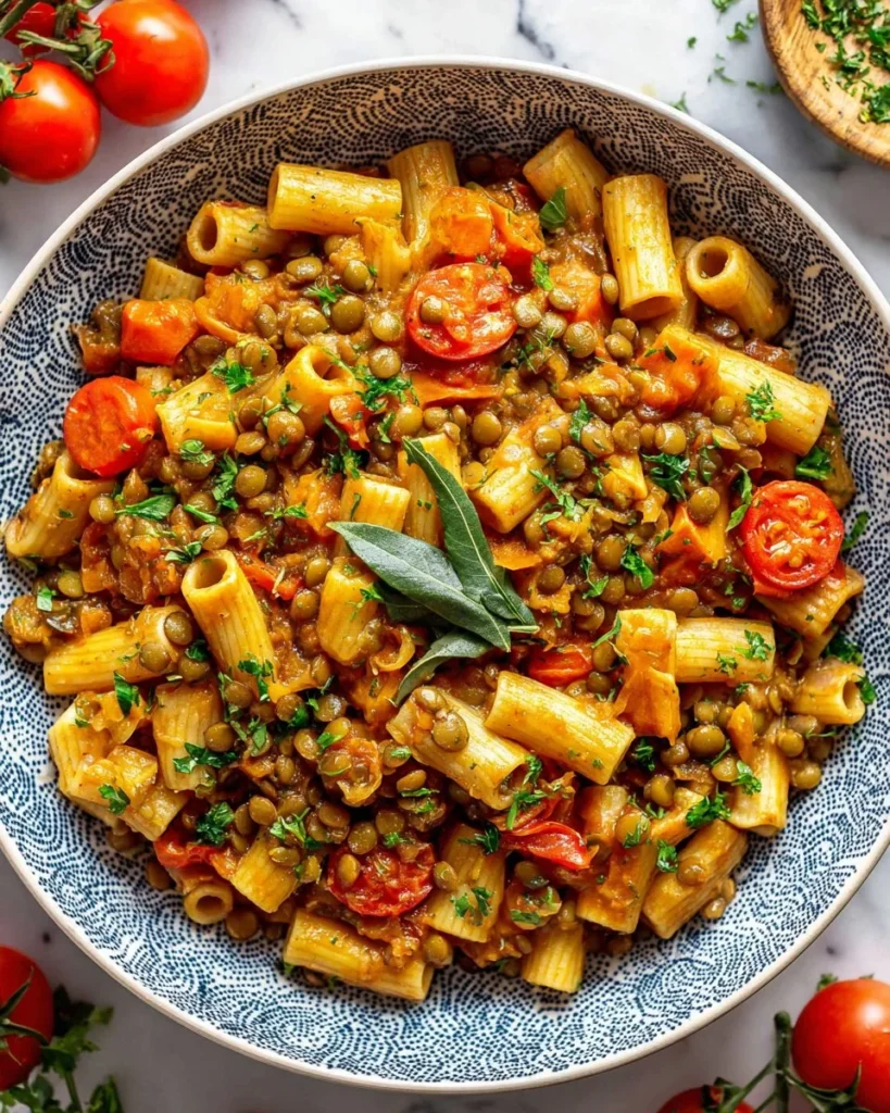 A bowl of vibrant lentil pasta with fresh vegetables and herbs.