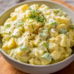 A bowl of lighter egg salad garnished with fresh herbs and vegetables.