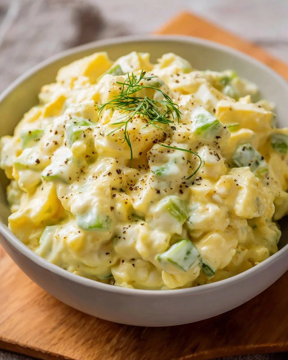 A bowl of lighter egg salad garnished with fresh herbs and vegetables.