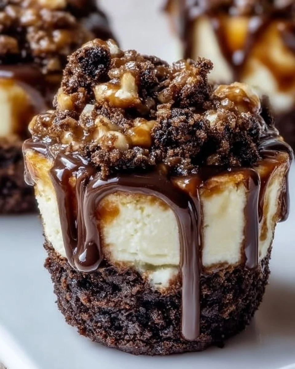 Delicious loaded brownie cheesecake cups garnished and ready to serve.