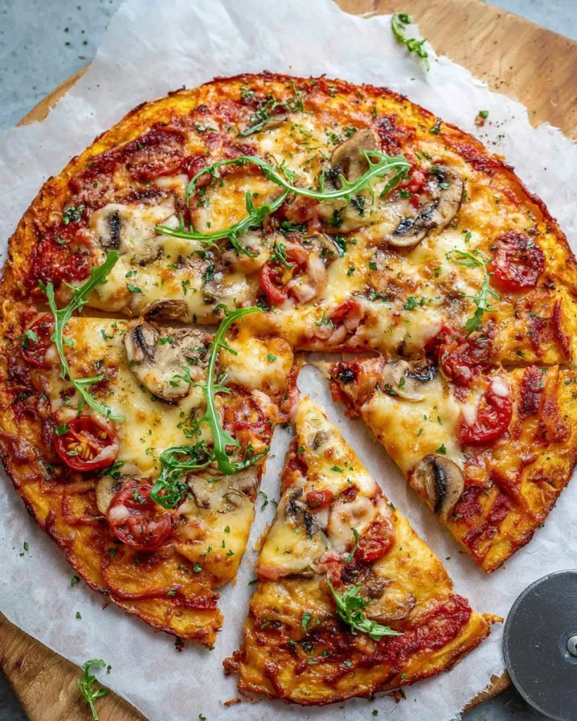 Healthy low carb pizza with fresh toppings on a wooden table
