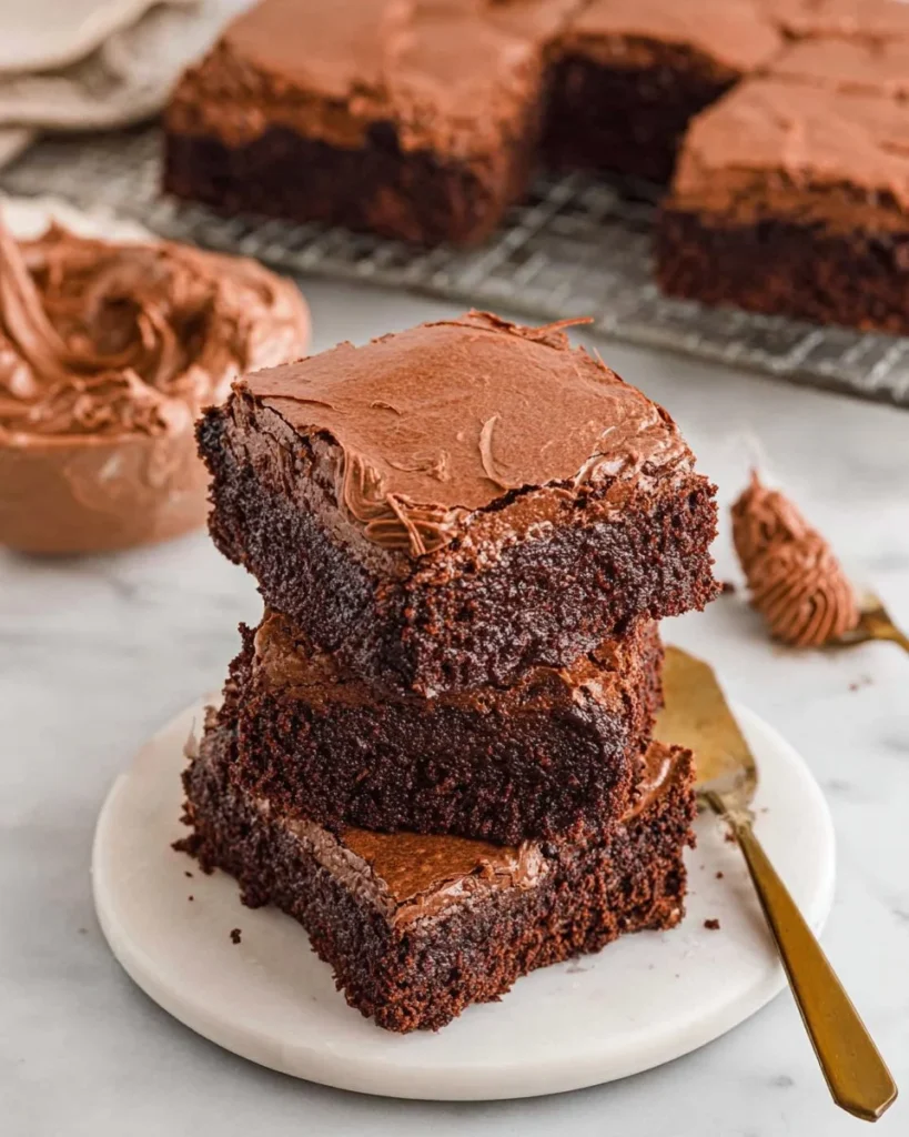 Delicious Lunch Lady Brownies topped with chocolate frosting on a plate