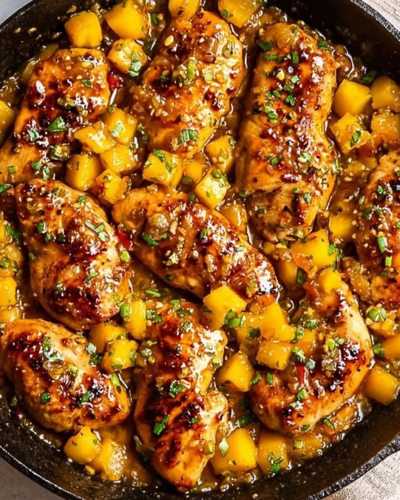 Delicious Mango Garlic Chicken dish garnished with herbs and served on a plate