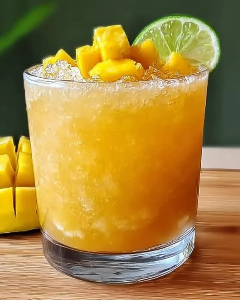 Mango Pineapple Refresher drink in a glass with tropical garnishes