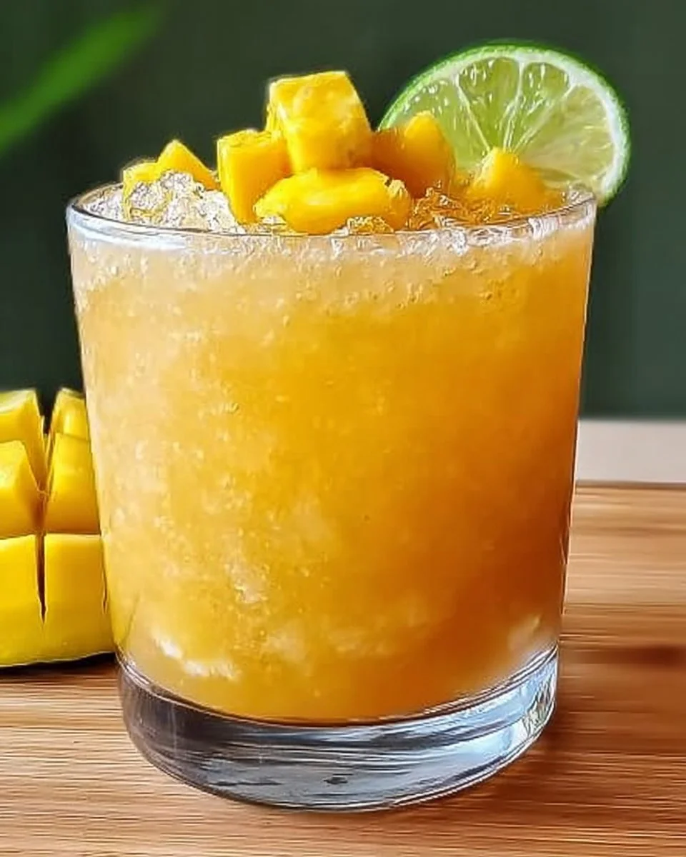Mango Pineapple Refresher drink in a glass with tropical garnishes