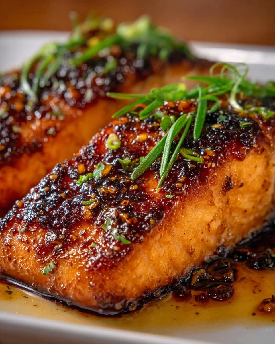 Maple bourbon glazed salmon served on a plate with vegetables