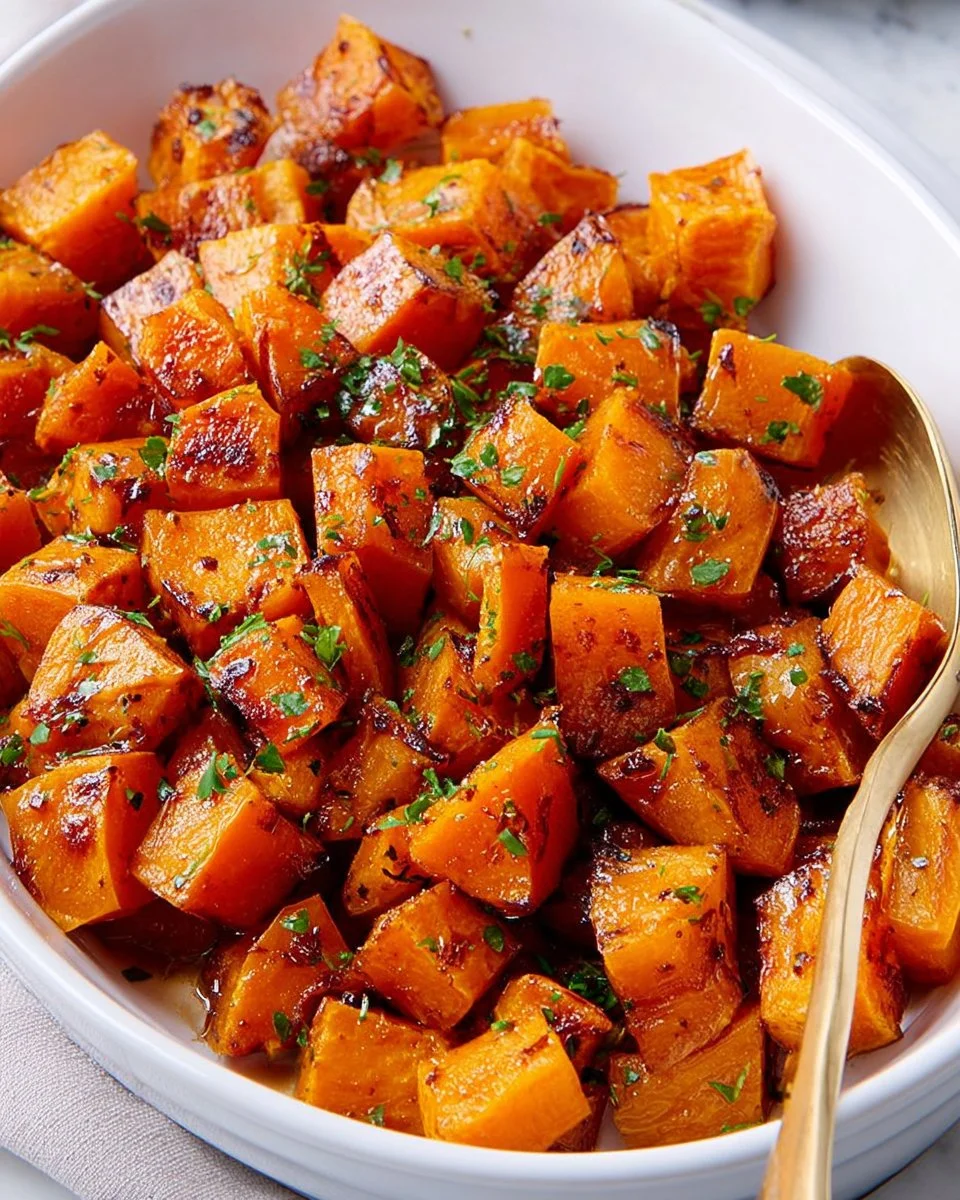 Maple roasted sweet potatoes garnished with herbs, served in a baking dish.