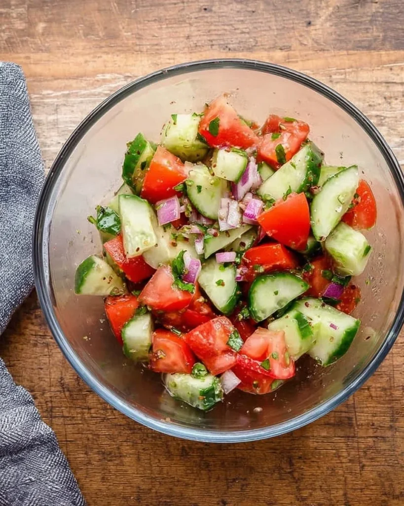 Marinated cucumber and tomato salad with fresh herbs and dressing
