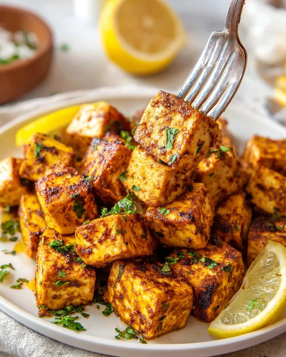 Delicious marinated tofu served garnished with fresh herbs