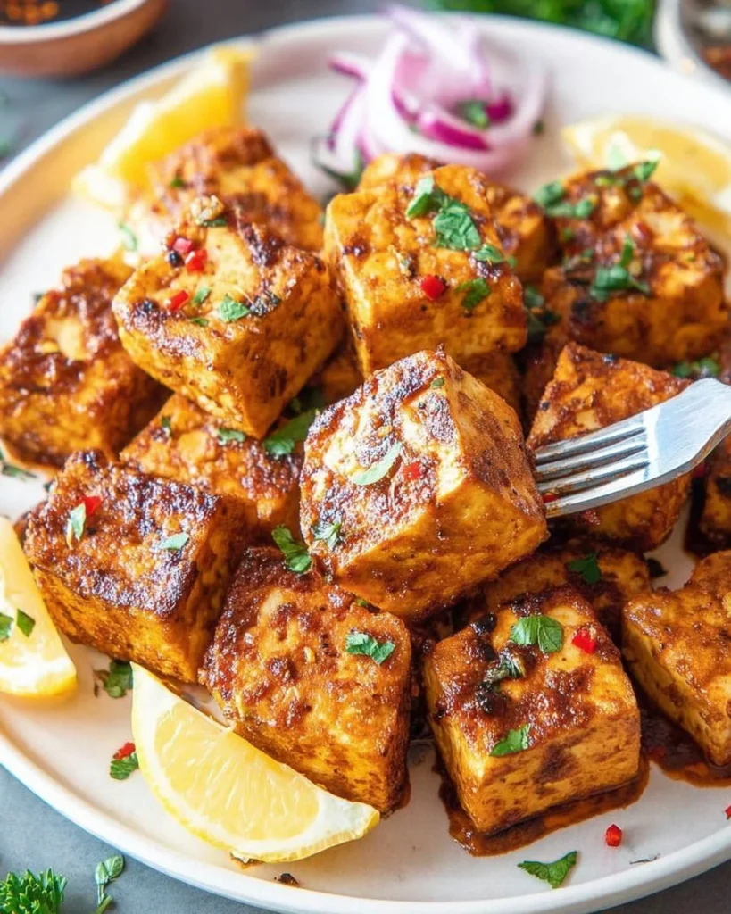 Delicious marinated tofu with colorful vegetables on a plate