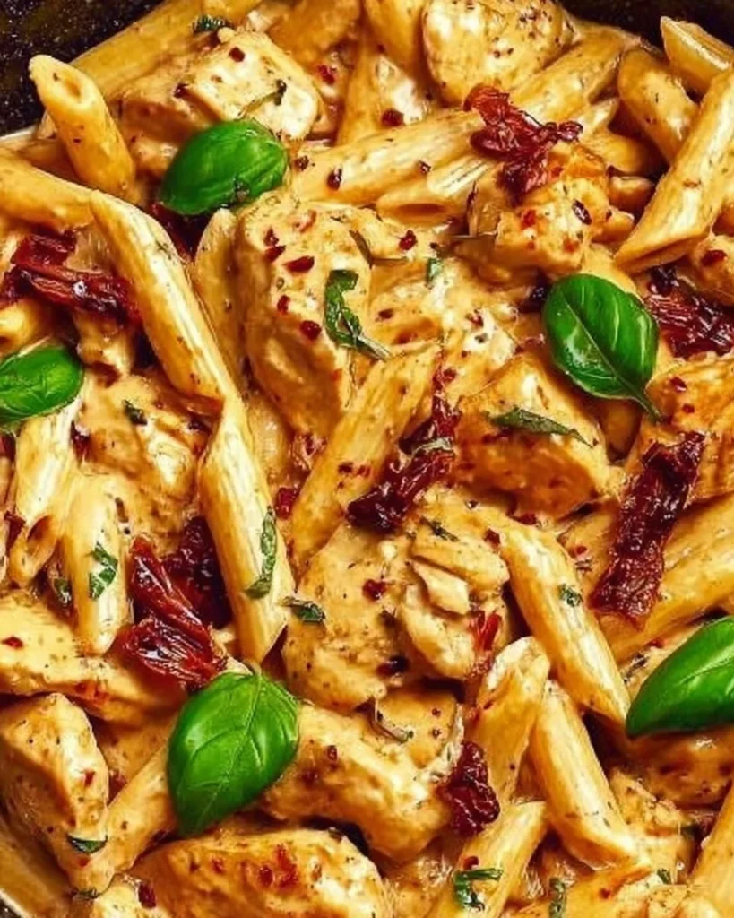 Plate of Marry Me Chicken served with pasta, garnished with herbs.