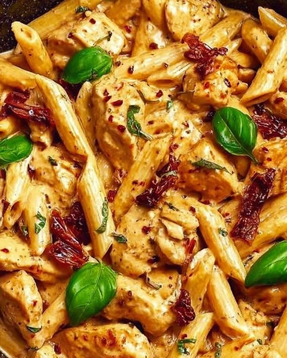 Plate of Marry Me Chicken served with pasta, garnished with herbs.