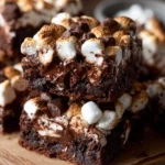 Delicious marshmallow brownies topped with fluffy marshmallows and chocolate drizzle
