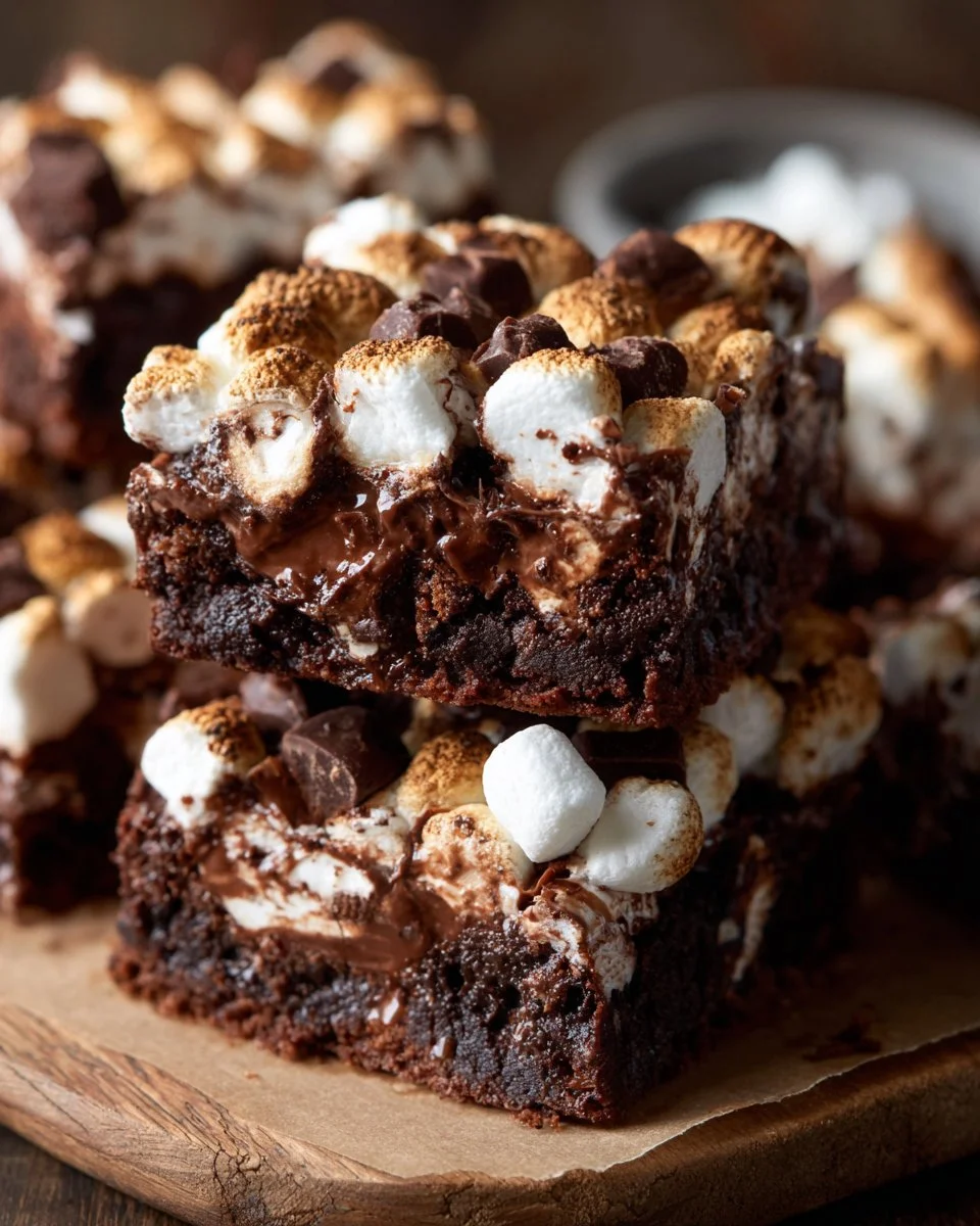 Delicious marshmallow brownies topped with fluffy marshmallows and chocolate drizzle