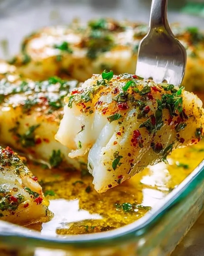 Mediterranean baked cod fillet served with vegetables and herbs