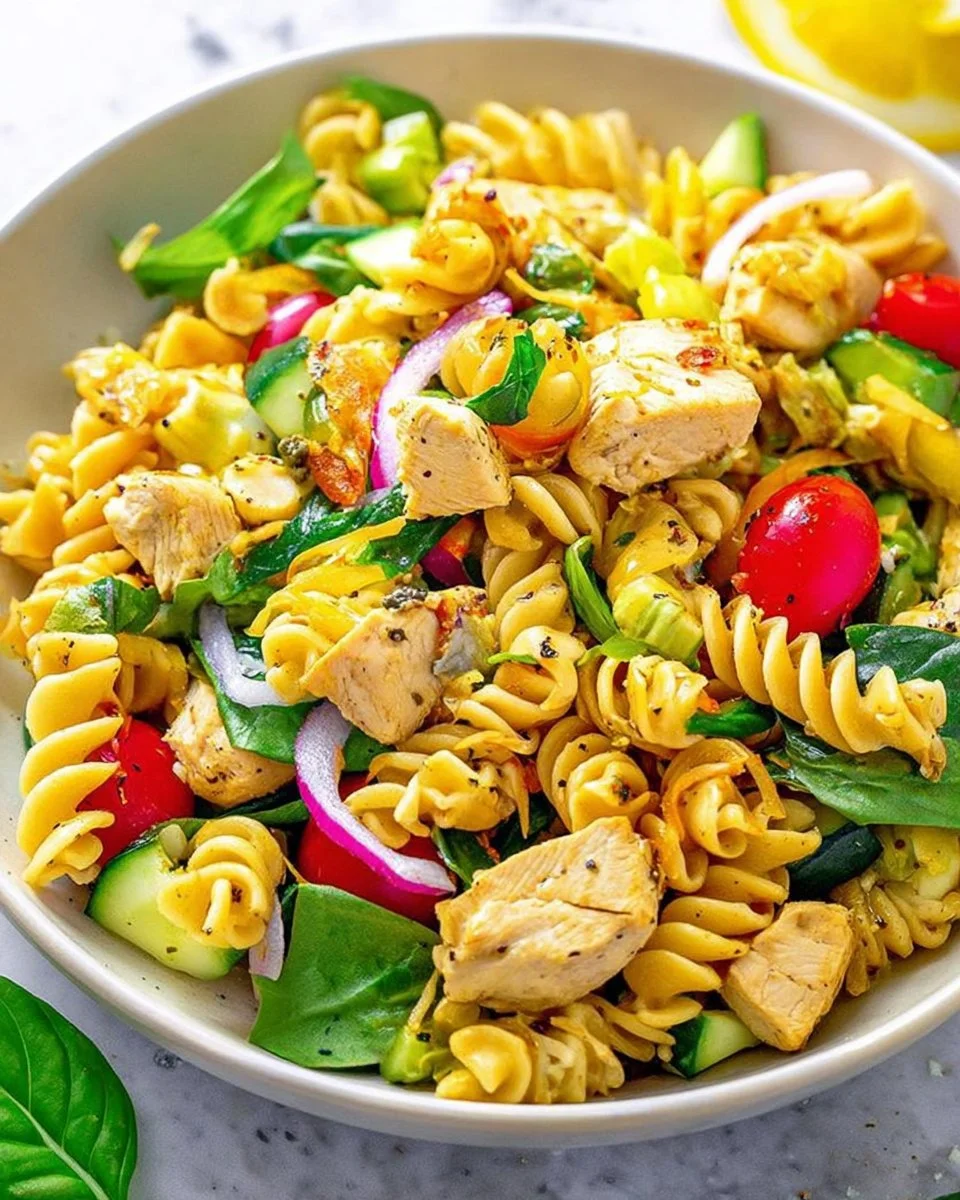 Mediterranean Lemon Chicken Pasta Salad with vibrant vegetables and pasta.