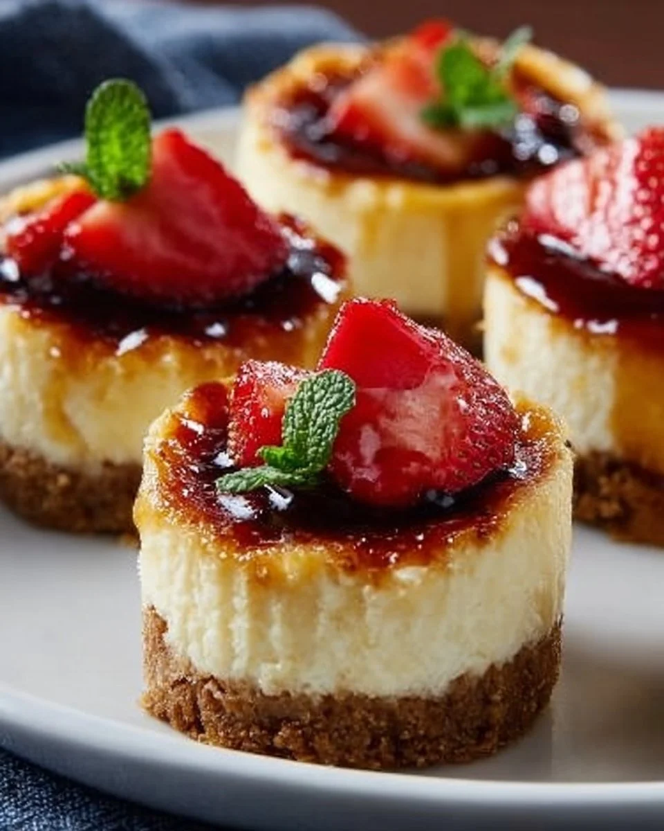 Mini Crème Brûlée Cheesecakes topped with caramelized sugar.