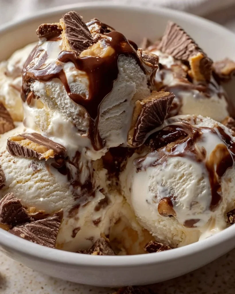 Delicious Moose Tracks Ice Cream served in a bowl with chocolate and peanut butter swirls.