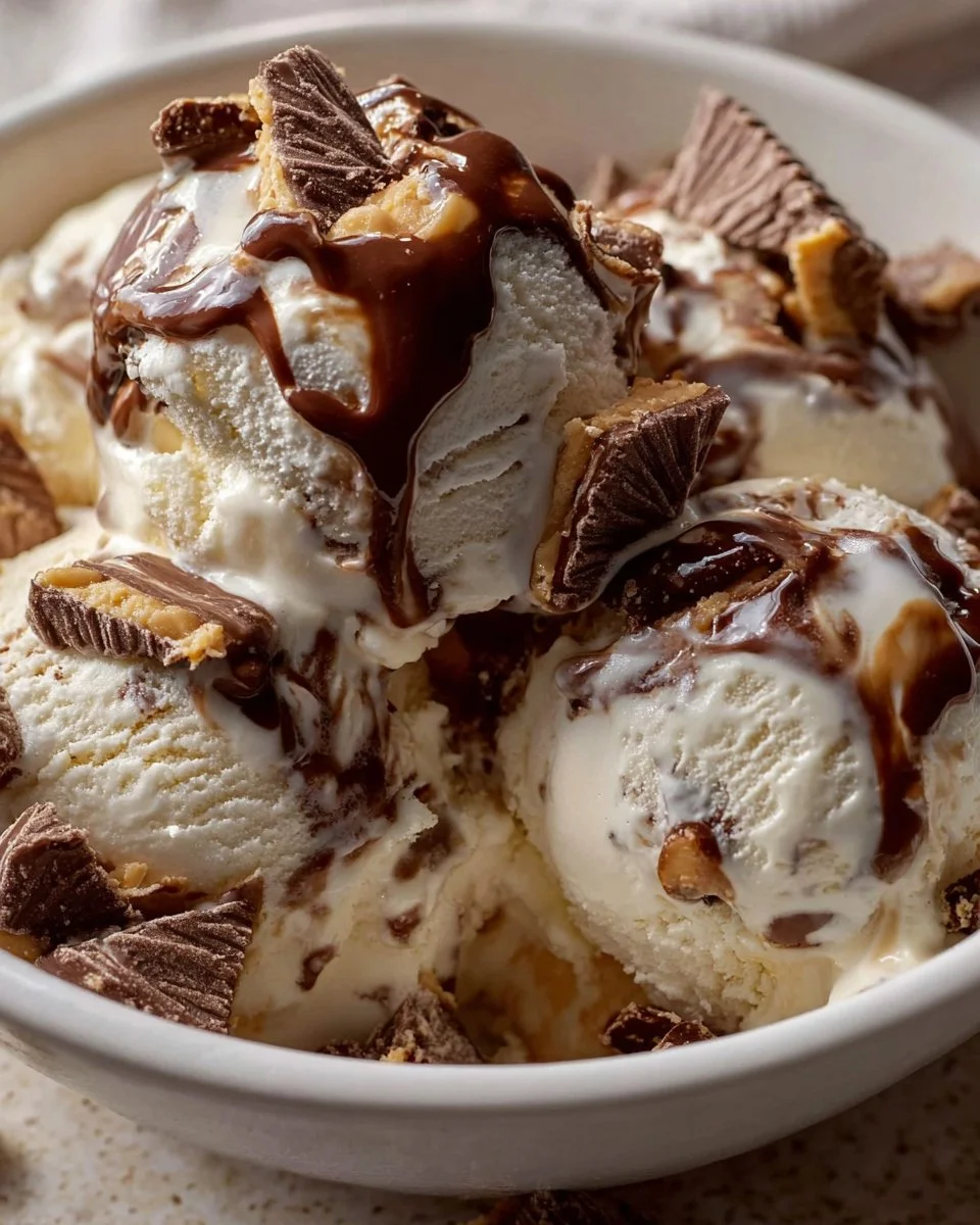 Delicious Moose Tracks Ice Cream served in a bowl with chocolate and peanut butter swirls.