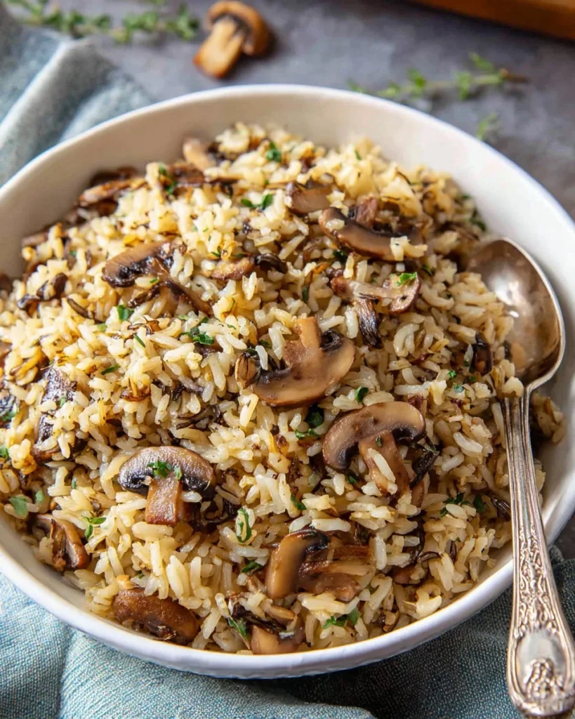 Delicious Mushroom Rice Pilaf served in a bowl, garnished with fresh herbs.