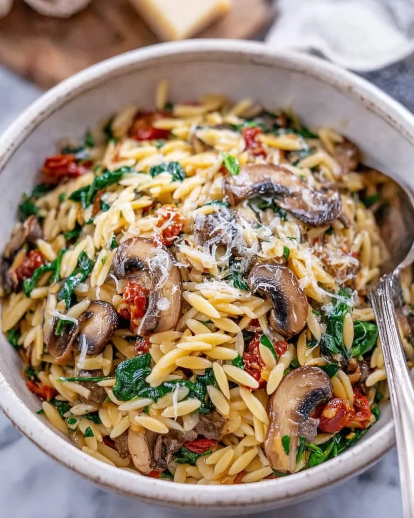 A creamy bowl of Mushroom Spinach Orzo topped with fresh herbs