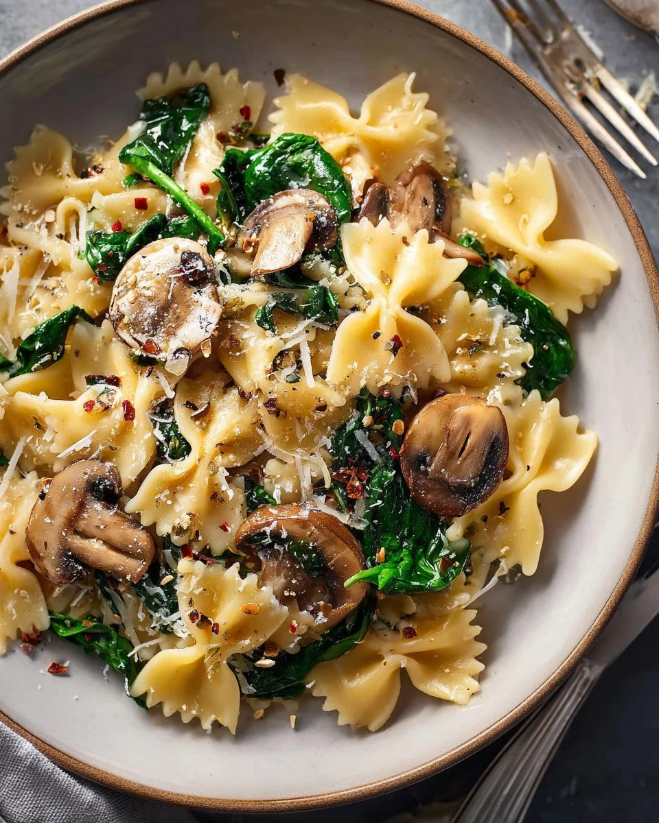 A bowl of delicious Mushroom Spinach Pasta garnished with fresh herbs.