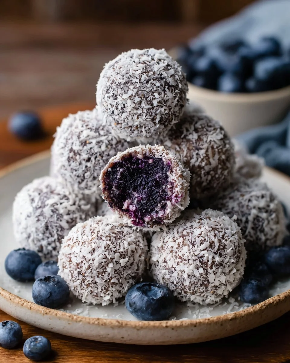 No bake blueberry cheesecake balls on a white plate with fresh blueberries