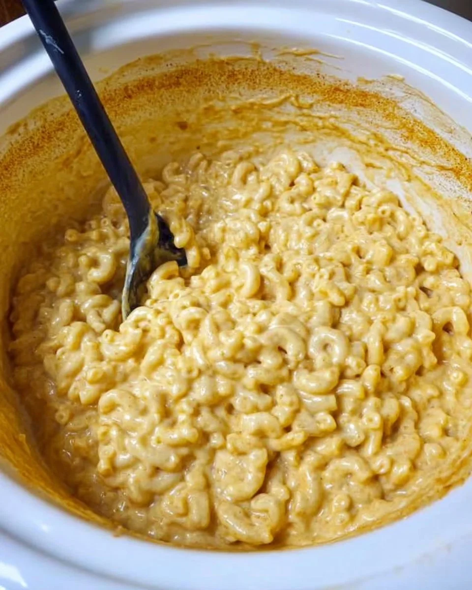 Creamy no-boil mac and cheese in a pot ready to serve.