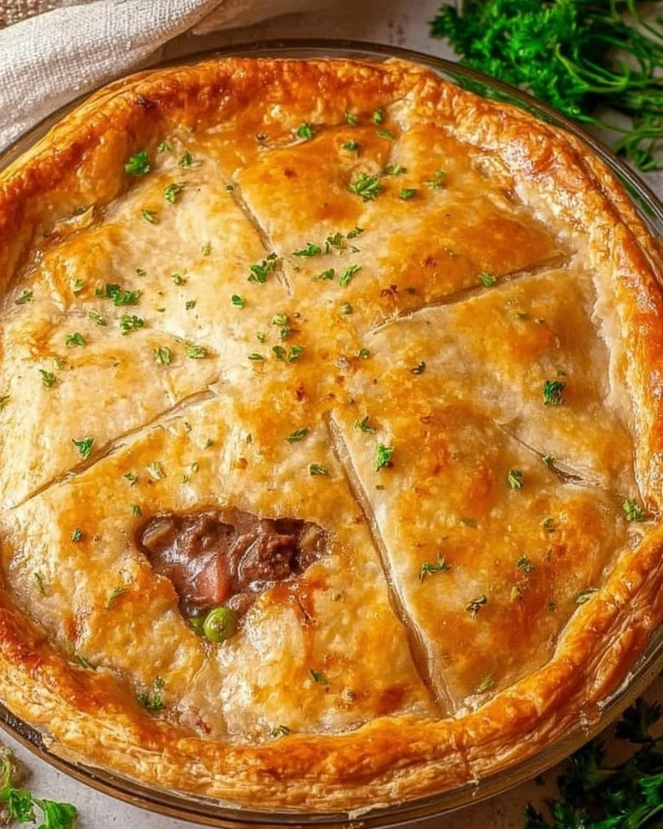 Homemade old-fashioned beef and vegetable pot pie served in a rustic dish