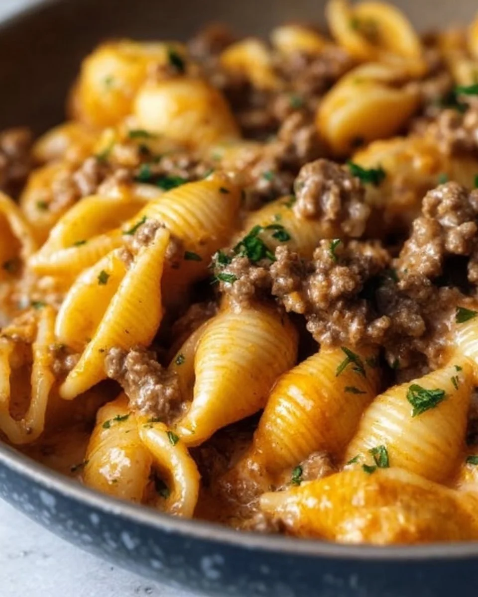 One-pot creamy beef and shells recipe with pasta and ground beef