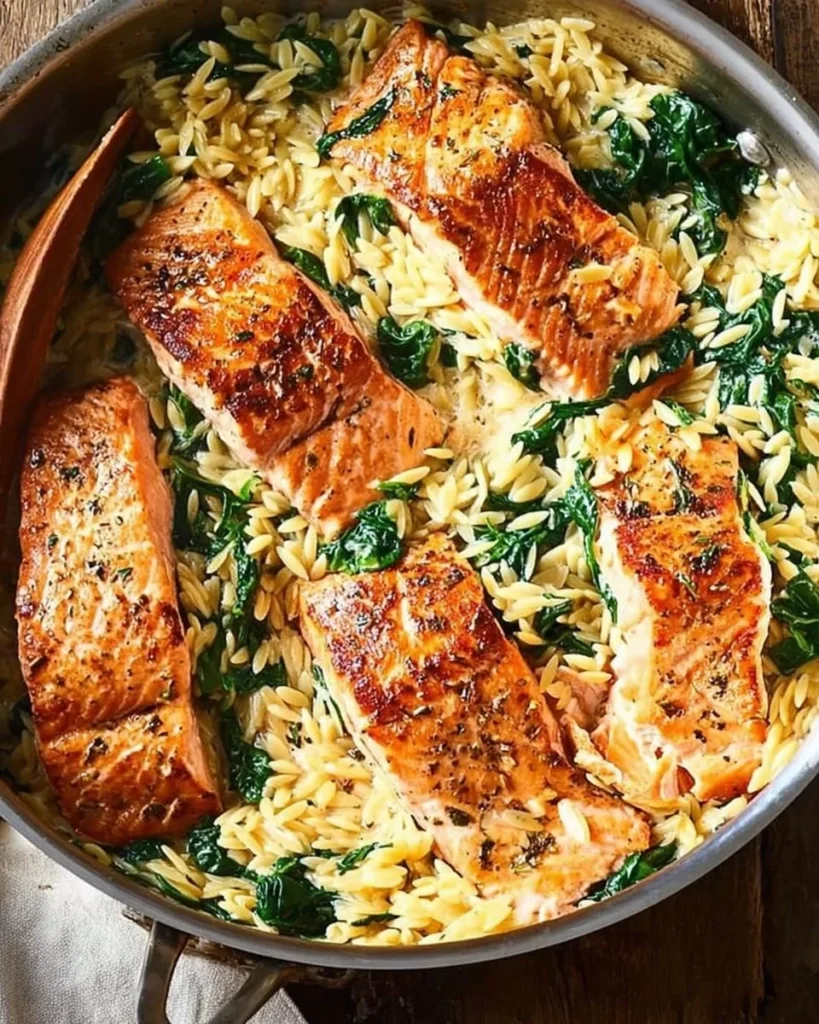 One Skillet Salmon served over Lemon Orzo for a vibrant, healthy meal.
