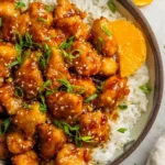Delicious homemade Orange Chicken served with rice and vegetables