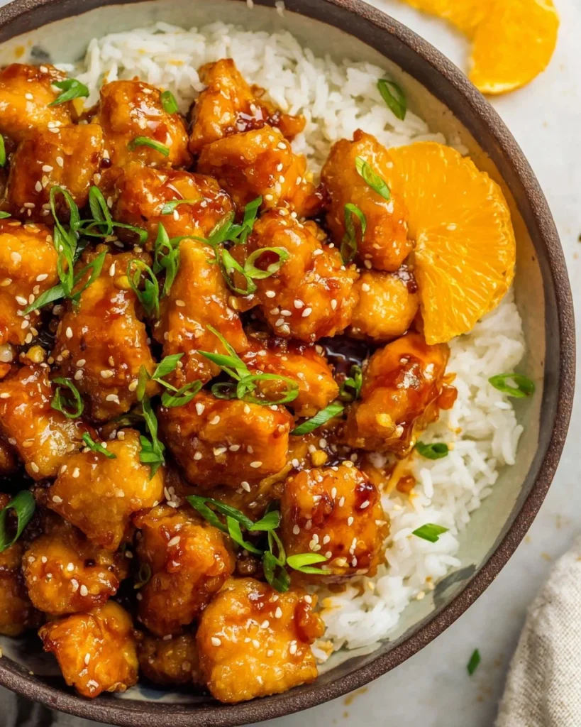 Delicious homemade Orange Chicken served with rice and vegetables