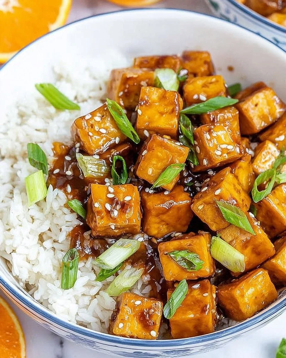 Delicious orange tofu served with vegetables and rice on a plate