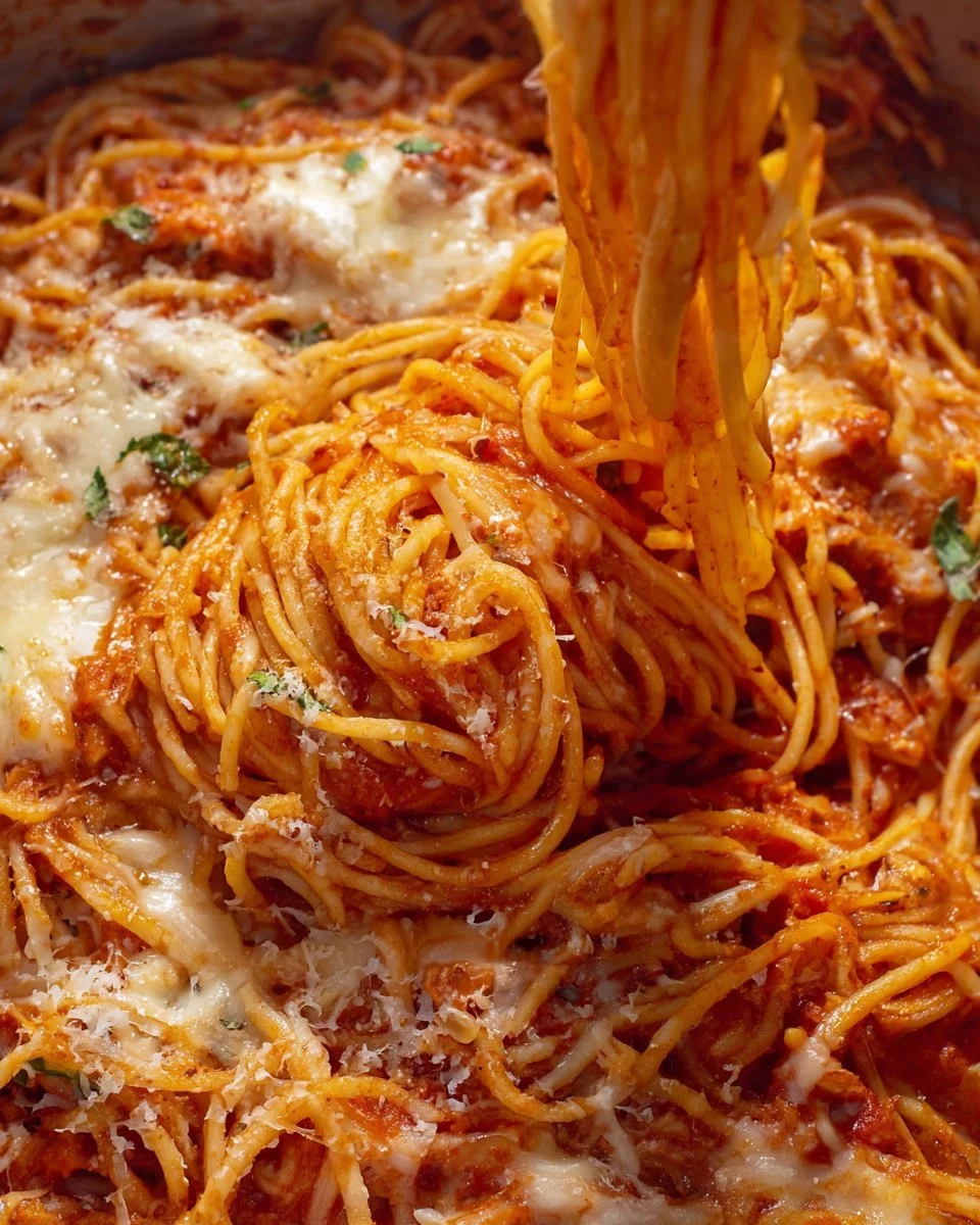 Delicious oven-baked spaghetti served in a dish with cheese and herbs