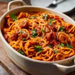 Delicious oven-baked spaghetti with sausage on a plate