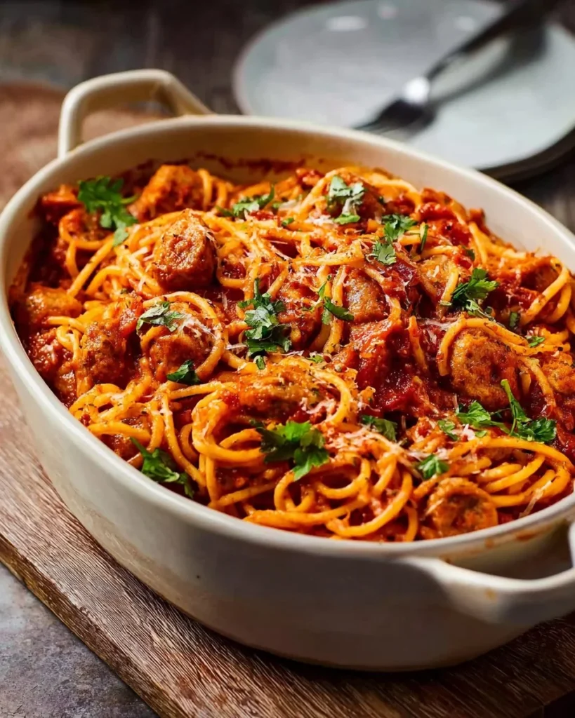Delicious oven-baked spaghetti with sausage on a plate