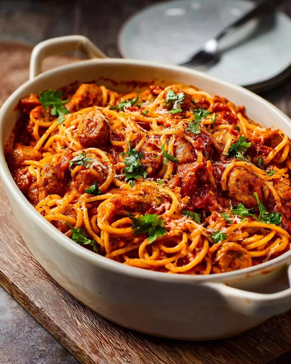 Delicious oven-baked spaghetti with sausage on a plate