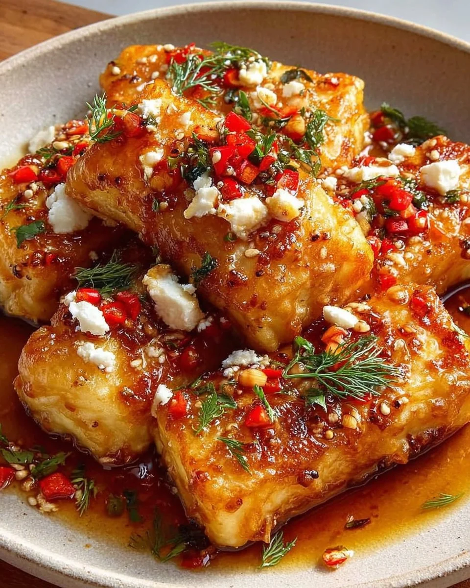 Oven-fried feta rolls drizzled with spicy chili honey on a plate.