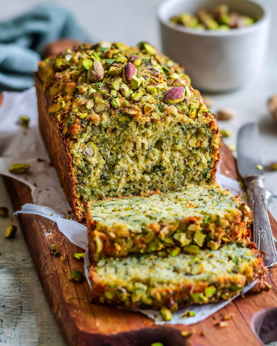 Paleo Zucchini Pistachio Bread served on a wooden cutting board