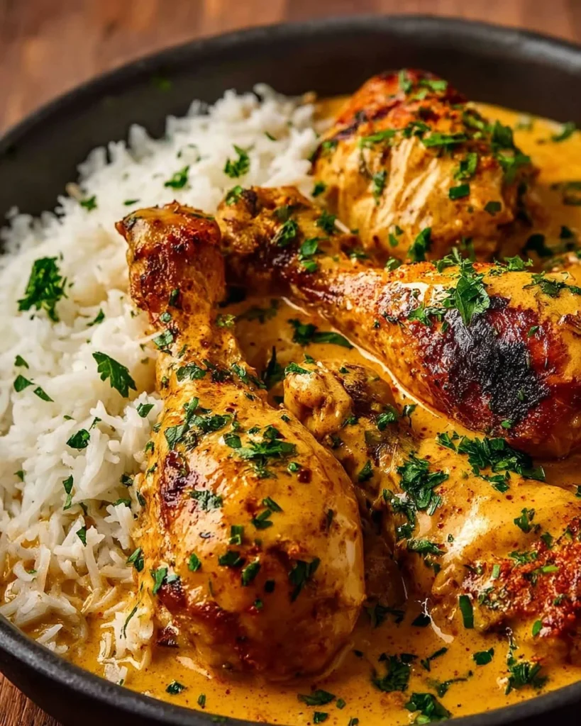 Paprika chicken drumsticks served with steamed rice on a plate