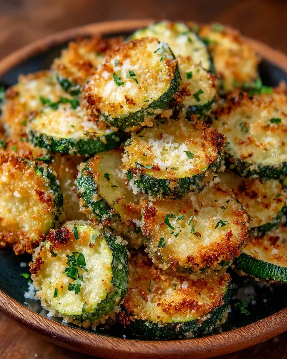 Plate of crispy Parmesan Zucchini Bites garnished with herbs